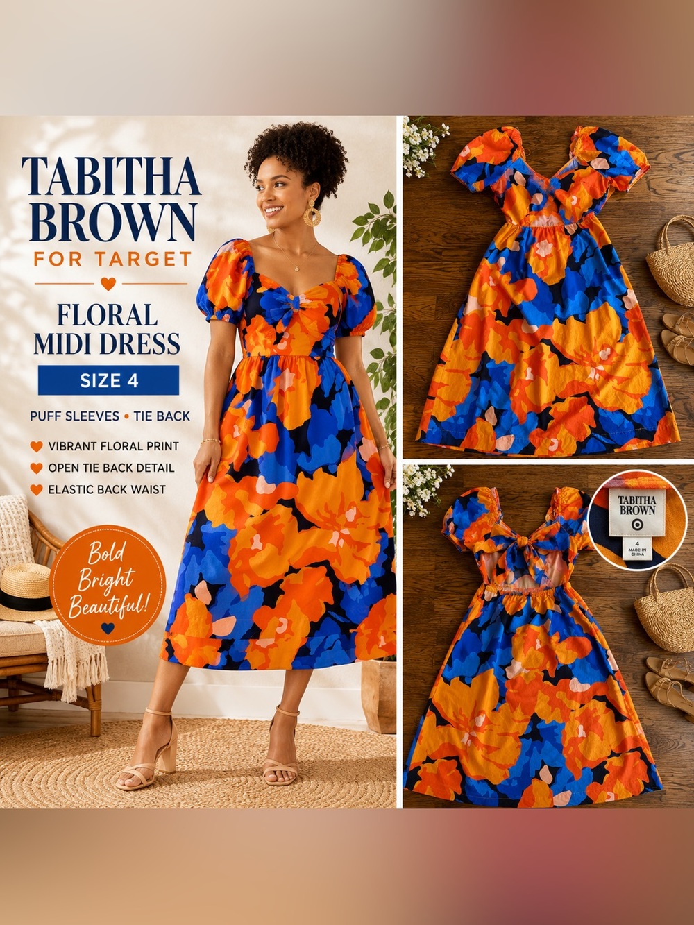 Tabitha Brown Target Orange Blue Floral Puff Sleeve Tie Back Midi Dress Size 4